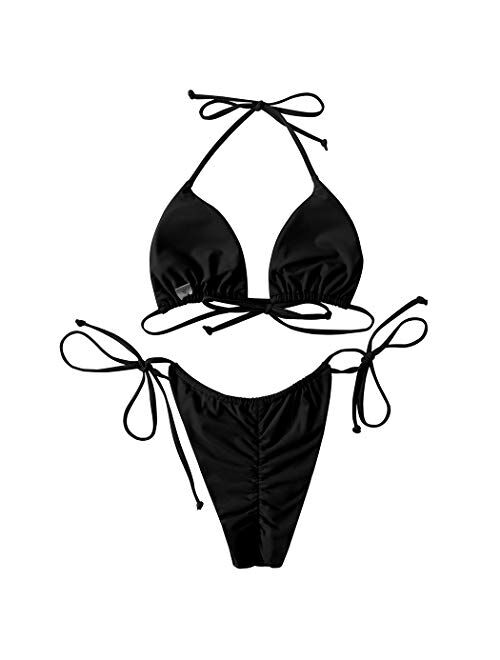 SUUKSESS Women String Bikini Set Tie Side Thong Sexy Swimsuits with matching scrunchie