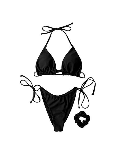 SUUKSESS Women String Bikini Set Tie Side Thong Sexy Swimsuits with matching scrunchie