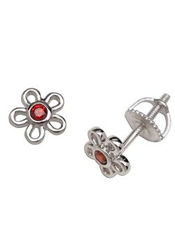 Girls' Sterling Silver CZ Simulated Birthstone Daisy Earrings with Screw Back (6mm)