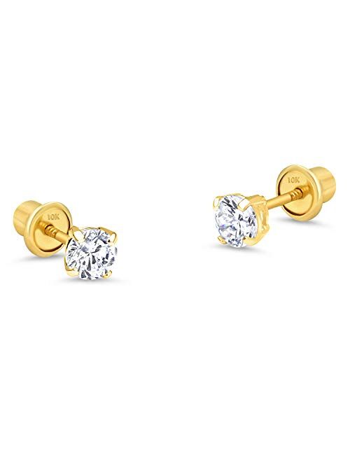 Lovearing 10k Yellow Gold Basket Round CZ Cubic Zirconia Solitaire Children Stud Screwback Baby Girls Earrings