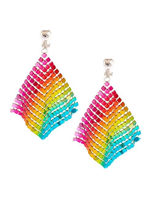 Claire's Rainbow Mesh Drop Clip On Earrings for Girls, Silver Tone Chainmail, 2.5 Inch, 1 Pair