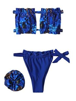 Women's 2 Piece Swimwear Leopard Print Cutout Ruffle Bandeau Bikini Sets Swimsuits with matching scrunchie