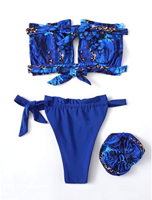 SweatyRocks Women's 2 Piece Swimwear Leopard Print Cutout Ruffle Bandeau Bikini Sets Swimsuits with matching scrunchie