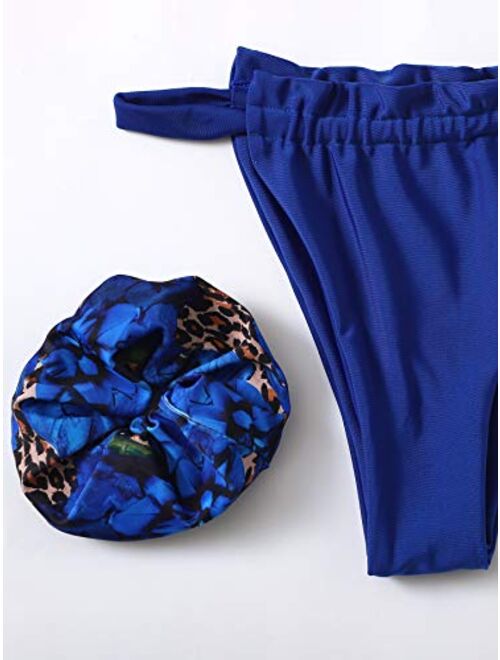 SweatyRocks Women's 2 Piece Swimwear Leopard Print Cutout Ruffle Bandeau Bikini Sets Swimsuits with matching scrunchie
