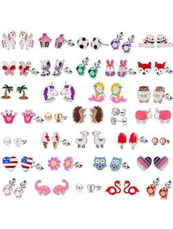 TAMHOO 33 Pairs Hypoallergenic Earrings for Girls Sensitive Ears Studs Set - Butterfly Earrings Set for Kids - Mermaid Earrings CZ Stud Earrings Animal Earrin