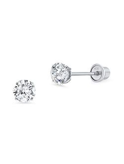925 Sterling Silver Rhodium Plated 4mm Cubic Zirconia Stud Screwback Baby Girls Earrings