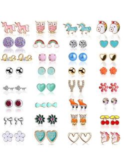 Hicdaw 32 Pairs Girls Earring Hypoallergenic Cute Stud Earrings Set Stud Earrings for Girls Teen Birthday Party Gift