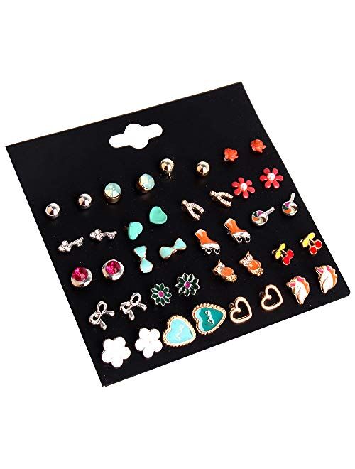 Hicdaw 32 Pairs Girls Earring Hypoallergenic Cute Stud Earrings Set Stud Earrings for Girls Teen Birthday Party Gift