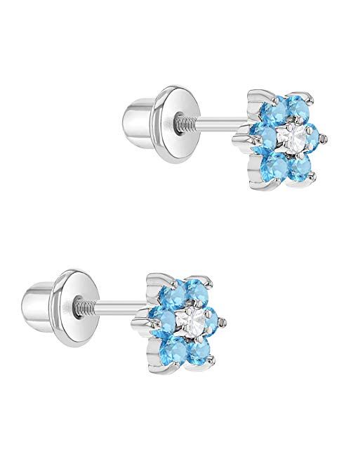Rhodium Plated Small 5mm Girls Crystal Flower CZ Safety Screw Back Earrings for Toddlers & Kids