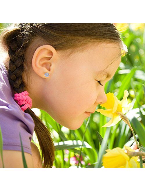 Rhodium Plated Small 5mm Girls Crystal Flower CZ Safety Screw Back Earrings for Toddlers & Kids