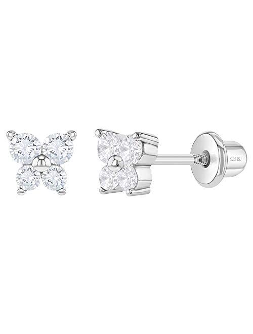 925 Sterling Silver Elegant 5mm Cubic Zirconia Butterfly Shaped Safety Screw Back Earrings for Toddlers & Young Girls 