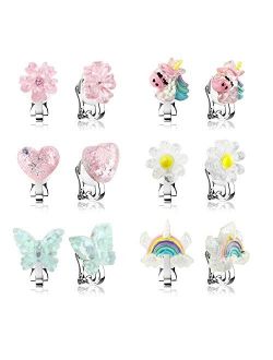 6Pairs Crystal Unicorn Clip On Earrings for Little Girls, Rainbow Earrings Butterfly Earrings Toddler Girls Dress Up Jewelry