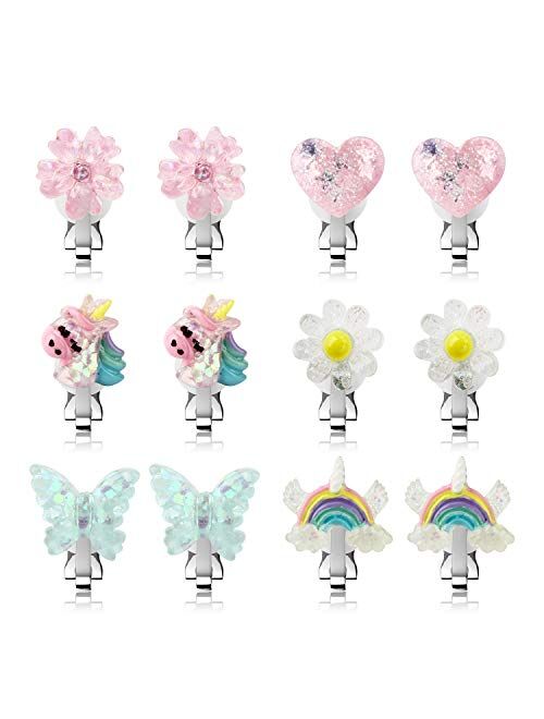 6Pairs Crystal Unicorn Clip On Earrings for Little Girls, Rainbow Earrings Butterfly Earrings Toddler Girls Dress Up Jewelry