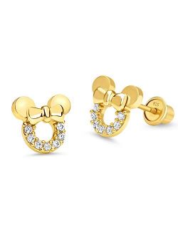 14k Gold Plated Brass Mouse Cubic Zirconia Screwback Baby Girls Earrings with Sterling Silver Post