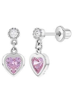 925 Sterling Silver Pink Cubic Zirconia Girl's Dangle Heart Screw Back Earrings, Screw back Locking for Toddlers & Young Girls Daily and Party Wear