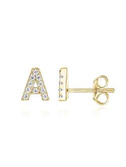14K Yellow Gold Plated Sterling Silver CZ Alphabet Letter Earrings | Initial Earrings for Girls