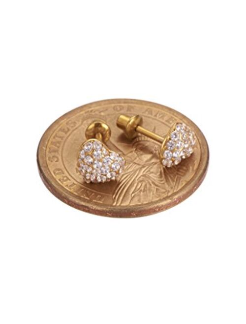 18K Gold Plated Screw Back Crystal Domed Heart Hypoallergenic Stud Earrings for Kids, Baby, Toddler, Little Girls with Surgical Steel Post for Ultra Sensitive Ears with S