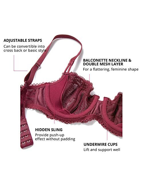 DOBREVA Women's Sexy Lace Unlined Underwire Balconette See Through Sheer Bra