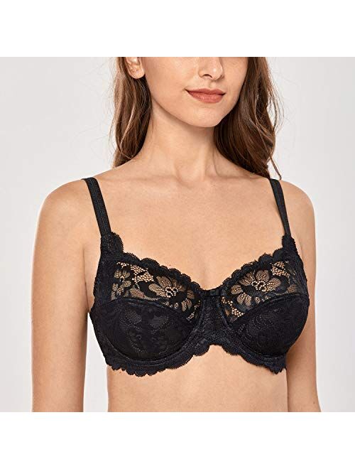 DELIMIRA Women's Sheer Lace Balconette Unlined Underwire Plus Size Bra