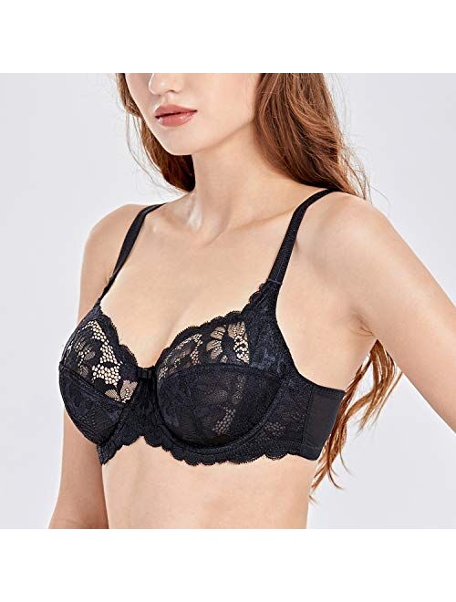 DELIMIRA Women's Sheer Lace Balconette Unlined Underwire Plus Size Bra