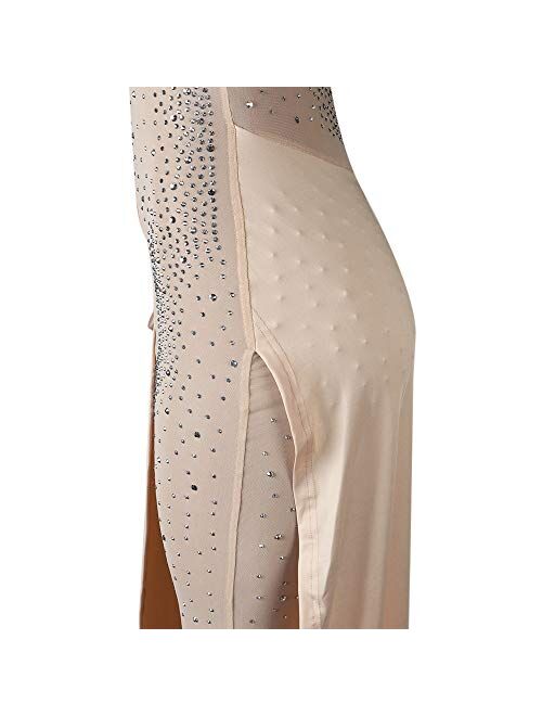 OLUOLIN Women's Sexy See Through Mesh Sequin Glitter V Neck Split Floor Length Sleeve Backless Wide Leg Pants Jumpsuit