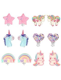 PinkSheep Unicorn Clip On Earrings for Little Girls, Bling Earrings Rainbow Earrings for Kids, 6 Pairs, Best Gift