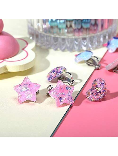 PinkSheep Unicorn Clip On Earrings for Little Girls, Bling Earrings Rainbow Earrings for Kids, 6 Pairs, Best Gift