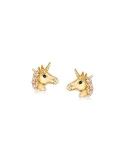 Child's Pink and Black Cz-Accented Tiny Unicorn Stud Earrings in 14kt Yellow Gold
