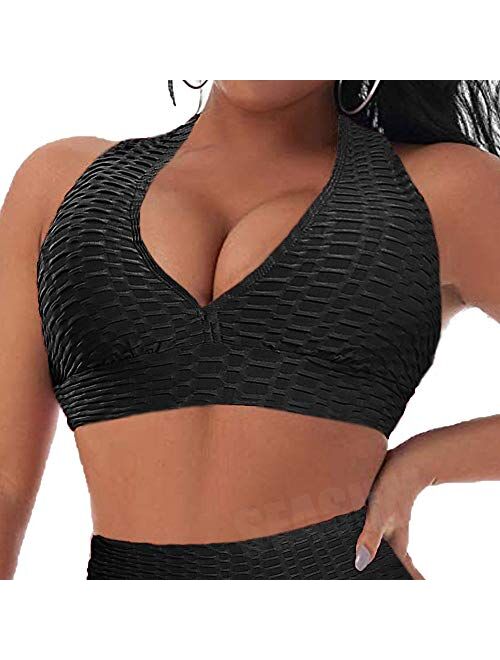 SEASUM Women Sports Bras Textured Middle Impact Support Yoga Crop Tops Gym Workout Shirts