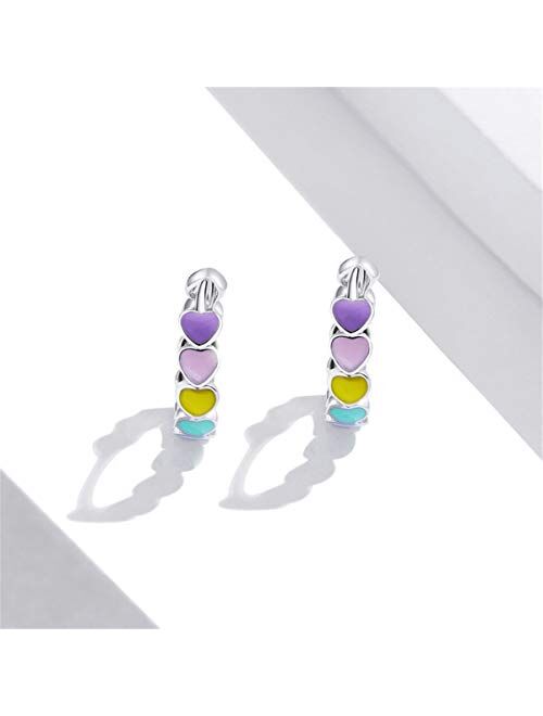 BAMOER 925 Sterling Silver Hoop Earrings for Women Rainbow Color Enamel Heart Hoop Earrings for Girls Birthday Valentine's Day Gifts