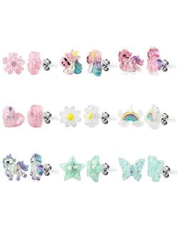 Unicorn Rainbow Hypoallergenic Earrrings Set for Little Girls,Kids Stud Earring Children Colorful Flower Star Teens Girls Earrings Set