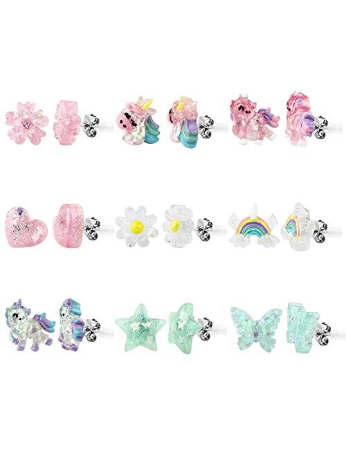 Unicorn Rainbow Hypoallergenic Earrrings Set for Little Girls,Kids Stud Earring Children Colorful Flower Star Teens Girls Earrings Set