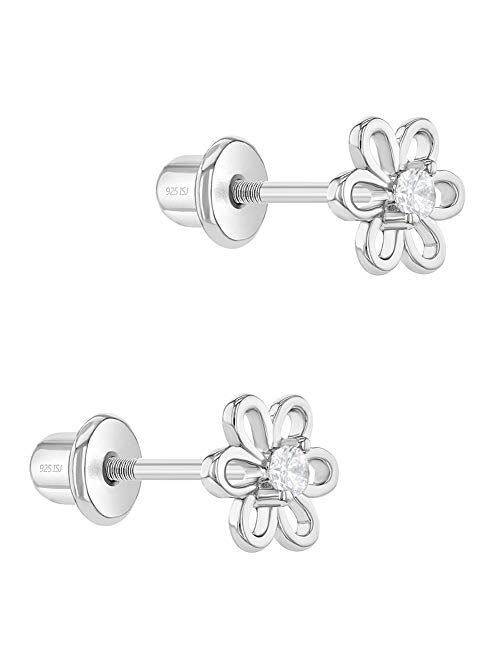 925 Sterling Silver 6mm Cubic Zirconia Flower Screw Back Girls Earrings - Hypoallergenic Toddler Safety Screw Back Earrings for Kids | Children's Gift Idea