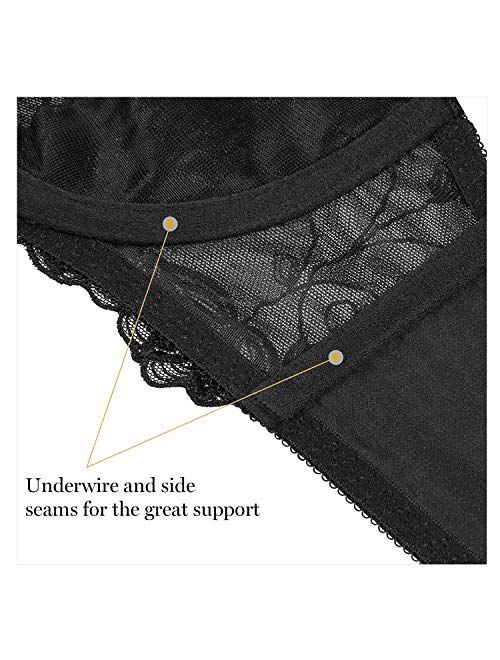 Wingslove Women's Sexy Lace Bra Non Padded Embroidered Unlined Underwire Balconette Bra Plus Size