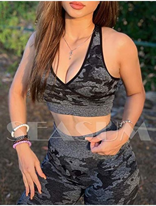 SEASUM Women's Seamless Yoga Shorts High Waist Tummy Control Workout Yoga Gym Shorts Compression Hot Pants