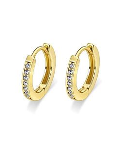 Small Huggie Hoop Earrings for Women 10mm - 14K White Gold Plated Cubic Zirconia Cuff Hoop Earrings 925 Sterling Silver Post Hypoallergenic Cartilage Earring for Women Gi