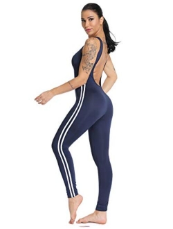Women Stripe Bodysuit Sleevesless Sport One-Piece Backless Sexy Slimming Bodycon Rompers Jumpsuit