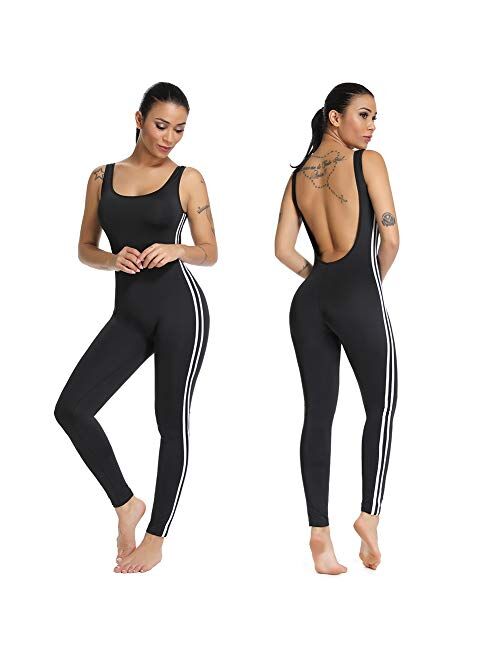 SEASUM Women Stripe Bodysuit Sleevesless Sport One-Piece Backless Sexy Slimming Bodycon Rompers Jumpsuit