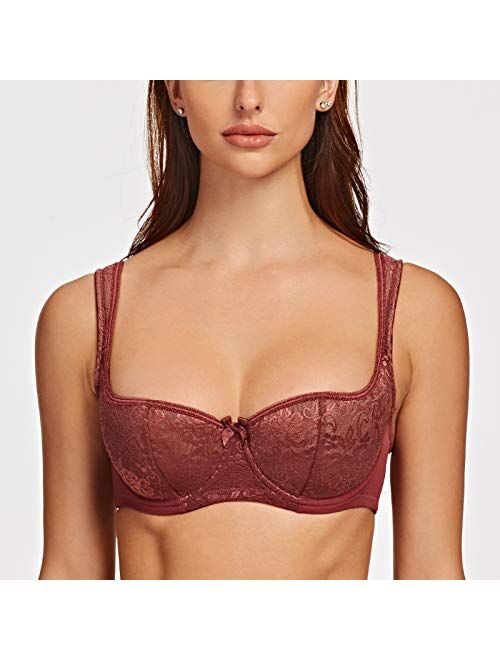 MELENECA Women's Balconette Bra with Padded Strap Half Cup Underwire Sexy Lace