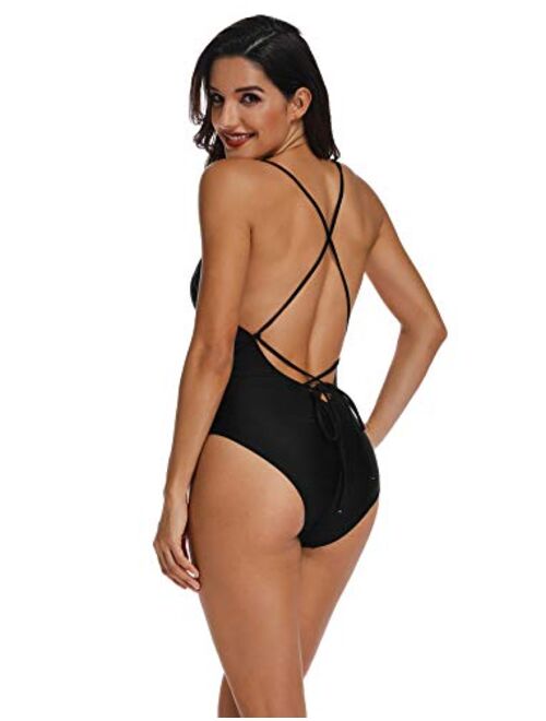 Seasum Women Sexy One Piece Swimsuit High Cut Backless Criss Cross Low Back Bathing Suit