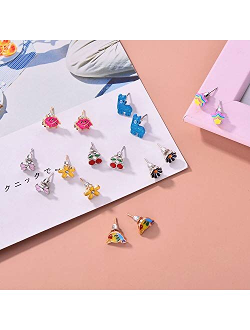 Hypoallergenic Earrings For Girls Teens Kids, Stainless Steel Stud Earrings Set, Animal Alpaca Rainbow Unicorn Cute Earring Jewelry Gifts for Girls Kids Women