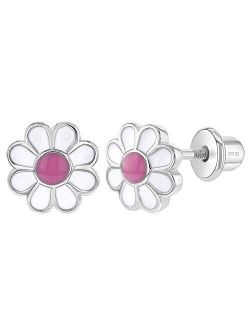 925 Sterling Silver Enamel Daisy Girl's Earrings with Safety Screw Back Lock Best for Toddlers, Young Girls and Pre Teens