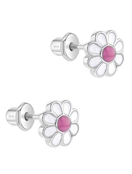 925 Sterling Silver Enamel Daisy Girl's Earrings with Safety Screw Back Lock Best for Toddlers, Young Girls and Pre Teens