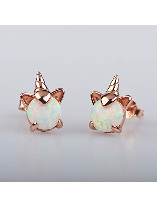 Rose Gold Unicorn Earrings for Girls, Hypoallergenic S925 Sterling Silver Stud Earrings ARSKRO Fire Opal Mini Tiny Cute Animal Earring Jewelry Gifts for Kids