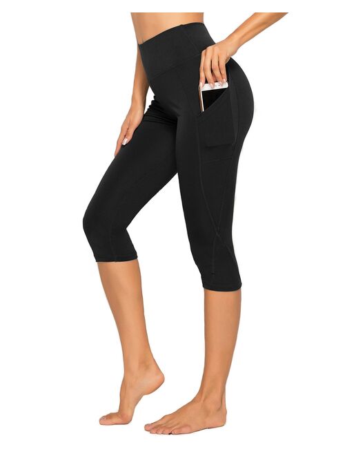 SEASUM Women's High Waist Yoga Capris Yoga Pants With Pockets Tummy Control Workout Running Leggings Biker Shorts 4 Way Stretch Gym Athletic Pants Black M