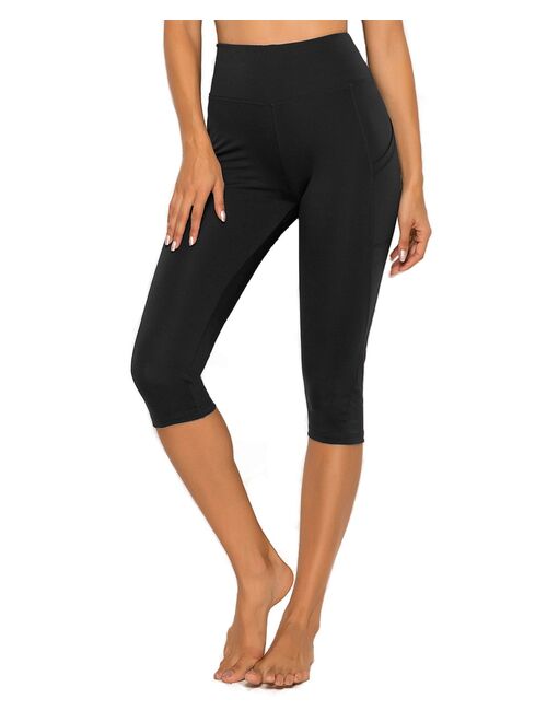 SEASUM Women's High Waist Yoga Capris Yoga Pants With Pockets Tummy Control Workout Running Leggings Biker Shorts 4 Way Stretch Gym Athletic Pants Black M