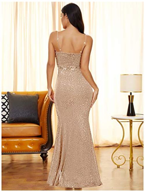 Women's Split Side Sparkling Sequins Straps Maxi Long Evening Prom Dress