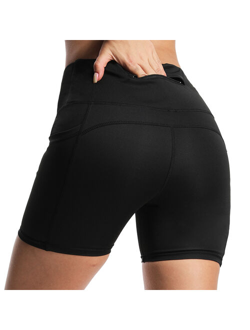 SEASUM High Waist Yoga Shorts For Women with Pockets Tummy Control Sports Tights Biker Shorts Workout Running Shorts 4 Way Stretch Yoga Pants Black S