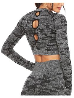 Long Sleeve Yoga Tops for Women Seamless Yoga Crop Top Workout Running Activewear Gym Sports Shirts Camo Black S
