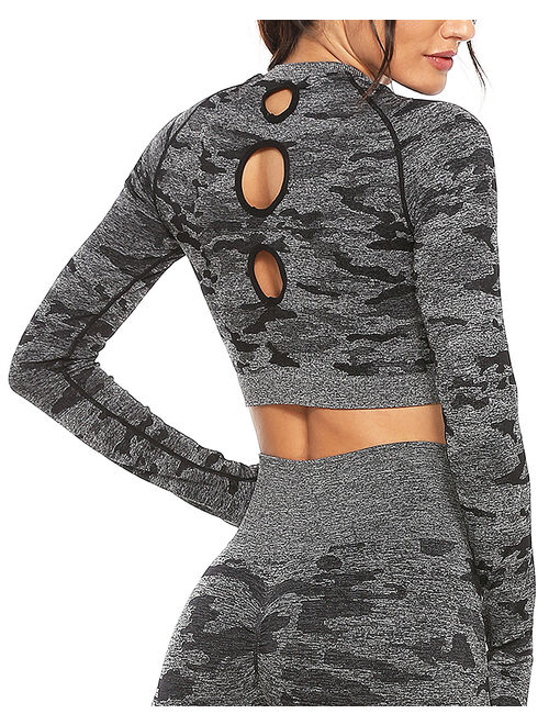 SEASUM Long Sleeve Yoga Tops for Women Seamless Yoga Crop Top Workout Running Activewear Gym Sports Shirts Camo Black S